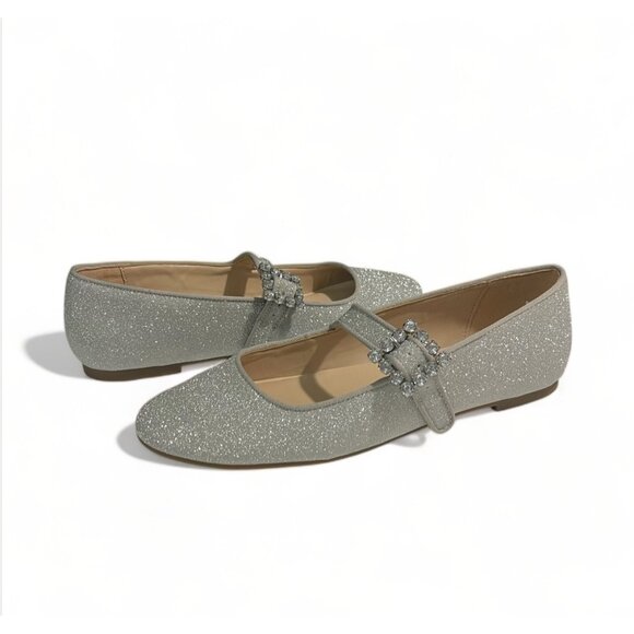 Unisa Shoes - Unisa Womens Glitter Mary Jane Flats Size 8 Silver With Rhinestone Buckle